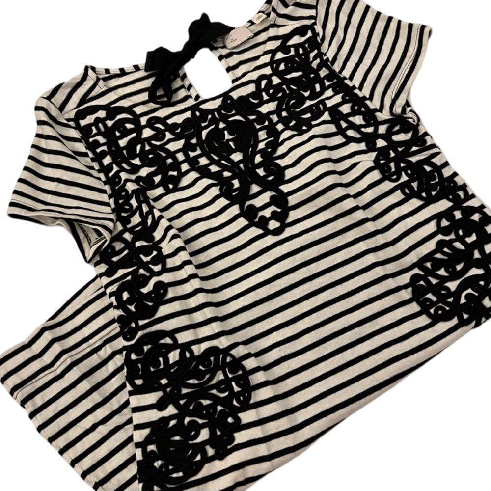 Anthropologie Postage Stamp Striped Embroidered Bow Tie Ribbon Tunic Dress